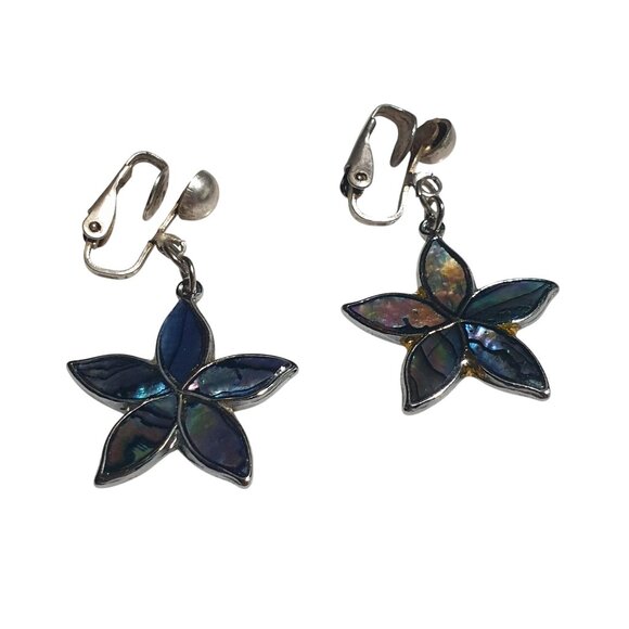 Vintage Silver Tone Abalone Shell Inlay Flower Clip On Earrings Boho Beach Core - Picture 2 of 5